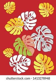 Vector tropical pattern with jungle leaves decor, fabric background. Floral jungle ornament with monstera leaf tropical pattern. Philodendron or monstera plant background.