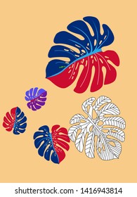 Vector tropical pattern with jungle leaves decor, fabric background. Floral jungle ornament with monstera leaf tropical pattern. Philodendron or monstera plant background.
