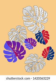 Vector tropical pattern with jungle leaves decor, fabric background. Floral jungle ornament with monstera leaf tropical pattern. Philodendron or monstera plant background.