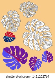 Vector tropical pattern with jungle leaves decor, fabric background. Floral jungle ornament with monstera leaf tropical pattern. Philodendron or monstera plant background.