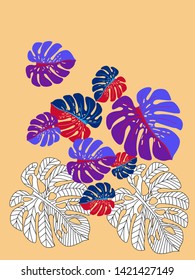 Vector tropical pattern with jungle leaves decor, fabric background. Floral jungle ornament with monstera leaf tropical pattern. Philodendron or monstera plant background.