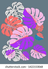 Vector tropical pattern with jungle leaves decor, fabric background. Floral jungle ornament with monstera leaf tropical pattern. Philodendron or monstera plant background.