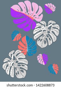 Vector tropical pattern with jungle leaves decor, fabric background. Floral jungle ornament with monstera leaf tropical pattern. Philodendron or monstera plant background.