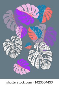 Vector tropical pattern with jungle leaves decor, fabric background. Floral jungle ornament with monstera leaf tropical pattern. Philodendron or monstera plant background.
