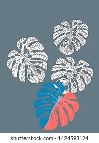 Vector tropical pattern with jungle leaves decor, fabric background. Floral jungle ornament with monstera leaf tropical pattern. Philodendron or monstera plant background.