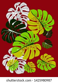 Vector tropical pattern with jungle leaves decor, fabric background. Floral jungle ornament with monstera leaf tropical pattern. Philodendron or monstera plant background.