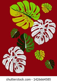 Vector tropical pattern with jungle leaves decor, fabric background. Floral jungle ornament with monstera leaf tropical pattern. Philodendron or monstera plant background.