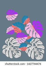 Vector tropical pattern with jungle leaves decor, fabric background. Floral jungle ornament with monstera leaf tropical pattern. Philodendron or monstera plant background.