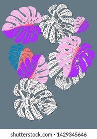 Vector tropical pattern with jungle leaves decor, fabric background. Floral jungle ornament with monstera leaf tropical pattern. Philodendron or monstera plant background.
