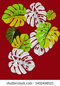 Vector tropical pattern with jungle leaves decor, fabric background. Floral jungle ornament with monstera leaf tropical pattern. Philodendron or monstera plant background.