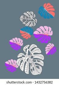 Vector tropical pattern with jungle leaves decor, fabric background. Floral jungle ornament with monstera leaf tropical pattern. Philodendron or monstera plant background.