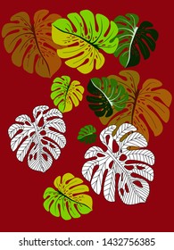 Vector tropical pattern with jungle leaves decor, fabric background. Floral jungle ornament with monstera leaf tropical pattern. Philodendron or monstera plant background.