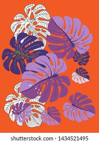 Vector tropical pattern with jungle leaves decor, fabric background. Floral jungle ornament with monstera leaf tropical pattern. Philodendron or monstera plant background.
