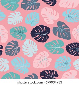 Vector tropical pattern with jungle leaves bohemian decor, seamless textile background. Floral jungle ornament with monstera leaf tropical seamless pattern. Philodendron or monstera plant background. 