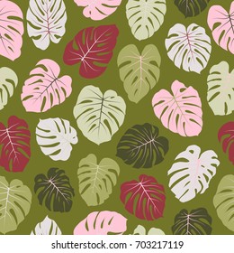 Vector tropical pattern with jungle leaves bohemian decor, seamless textile background. Floral jungle ornament with monstera leaf tropical seamless pattern. Philodendron or monstera plant background. 