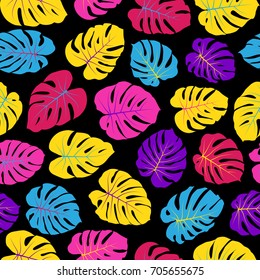 Vector tropical pattern with jungle leaves decor, seamless fabric background. Floral jungle ornament with monstera leaf tropical seamless pattern. Philodendron or monstera plant background. 