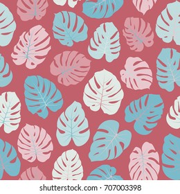 Vector tropical pattern with jungle leaves decor, seamless fabric background. Floral jungle ornament with monstera leaf tropical seamless pattern. Philodendron or monstera plant background. 
