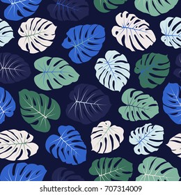 Vector tropical pattern with jungle leaves decor, seamless fabric background. Floral jungle ornament with monstera leaf tropical seamless pattern. Philodendron or monstera plant background. 