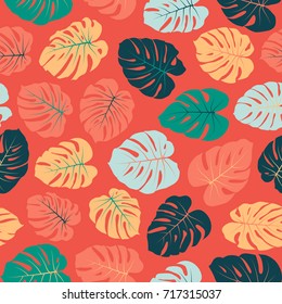 Vector tropical pattern with jungle leaves bohemian decor, seamless textile background. Floral jungle ornament with monstera leaf tropical seamless pattern. Philodendron or monstera plant background. 