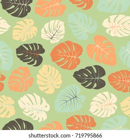 Vector tropical pattern with jungle leaves decor, seamless fabric background. Floral jungle ornament with monstera leaf tropical seamless pattern. Philodendron or monstera plant background. 