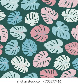 Vector tropical pattern with jungle leaves bohemian decor, seamless textile background. Floral jungle ornament with monstera leaf tropical seamless pattern. Philodendron or monstera plant background. 
