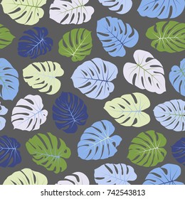 Vector tropical pattern with jungle leaves decor, seamless fabric background. Floral jungle ornament with monstera leaf tropical seamless pattern. Philodendron or monstera plant background. 