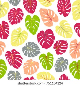 Vector tropical pattern with jungle leaves bohemian decor, seamless textile background. Floral jungle ornament with monstera leaf tropical repeating pattern. Philodendron or monstera plant background.