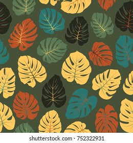 Vector tropical pattern with jungle leaves decor, seamless fabric background. Floral jungle ornament with monstera leaf tropical seamless pattern. Philodendron or monstera plant background. 