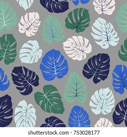 Vector tropical pattern with jungle leaves decor, seamless fabric background. Floral jungle ornament with monstera leaf tropical seamless pattern. Philodendron or monstera plant background. 