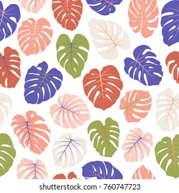 Vector tropical pattern with jungle leaves decor, seamless fabric background. Floral jungle ornament with monstera leaf tropical seamless pattern. Philodendron or monstera plant background. 