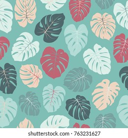 Vector tropical pattern with jungle leaves decor, seamless fabric background. Floral jungle ornament with monstera leaf tropical seamless pattern. Philodendron or monstera plant background. 