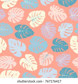 Vector tropical pattern with jungle leaves decor, seamless fabric background. Floral jungle ornament with monstera leaf tropical seamless pattern. Philodendron or monstera plant background. 