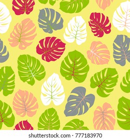 Vector tropical pattern with jungle leaves decor, seamless fabric background. Floral jungle ornament with monstera leaf tropical seamless pattern. Philodendron or monstera plant background. 