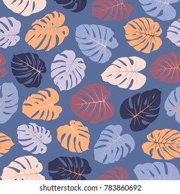 Vector tropical pattern with jungle leaves decor, seamless fabric background. Floral jungle ornament with monstera leaf tropical seamless pattern. Philodendron or monstera plant background.