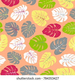 Vector tropical pattern with jungle leaves bohemian decor, seamless textile background. Floral jungle ornament with monstera leaf tropical seamless pattern. Philodendron or monstera plant background.