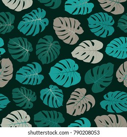 Vector tropical pattern with jungle leaves decor, seamless fabric background. Floral jungle ornament with monstera leaf tropical seamless pattern. Philodendron or monstera plant background.