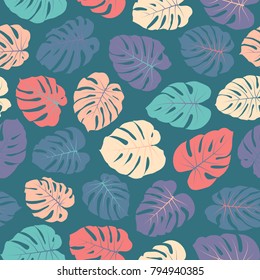 Vector tropical pattern with jungle leaves decor, seamless fabric background. Floral jungle ornament with monstera leaf. Philodendron or monstera plant background.