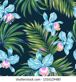 Vector tropical pattern on dark background. Juicy palms leaves with beautiful orchids. 