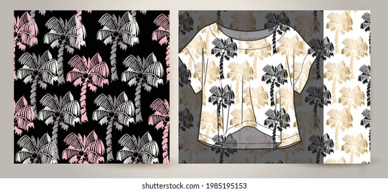 Vector tropical pattern on women's top mockup. Jungle foliage illustration. Exotic plants. Summer beach floral design. 