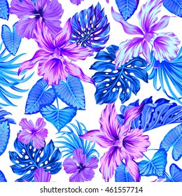 vector tropical pattern with orchids and monstera leaves, and other exotic plants.