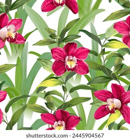 Vector tropical pattern. Paradise flowers, pink orchid flower, plants, palm, leaves, bright tropical pattern