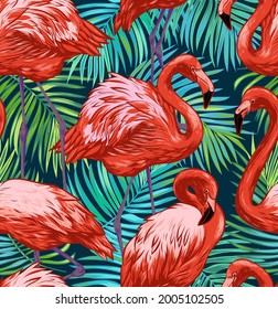 
Vector tropical pattern. Pink flamingos on green background with tropical palm leaves.