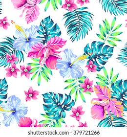 vector tropical pattern.
seamless floral composition, vintage illustration, classical hawaiian motived: hibiscus, monstera, palm, leaves, flowers, plumeria