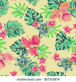 vector tropical pattern.
seamless floral composition, vintage illustration, classical hawaiian motives: hibiscus, monstera, palm, leaves, flowers, plumeria