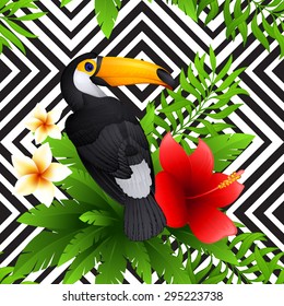 Vector tropical pattern with toucan and  hibiscus, frangipani flower, palm leaves , black and white geometric background