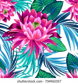 vector tropical pattern with waterlily, lotus flower. Amazing floral allover pattern, with large beautiful vintage flower. 