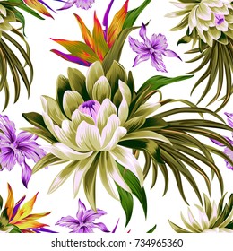 vector tropical pattern with waterlily, lotus flower. Amazing floral allover, with large beautiful vintage flower. Orchids, bird of paradise, palm leaves, classic botanical illustrations.