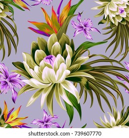 vector tropical pattern with waterlily, lotus flower. Amazing floral allover, with large beautiful vintage flower. Orchids, bird of paradise, palm leaves, classic botanical illustrations.