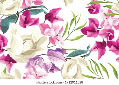 Vector tropical pattern with white magnolia flowers and pink bougainvillea. svg