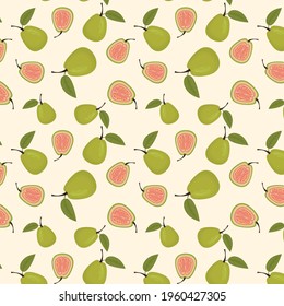 Vector Tropical Pattern With Whole And Cut Guava On A Light Background